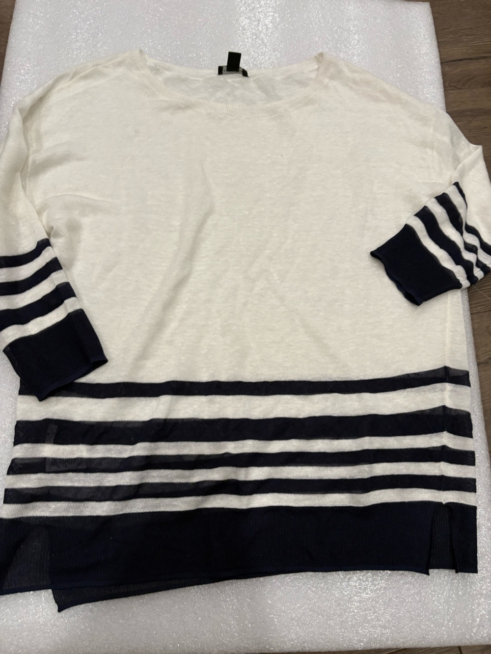 Ann Taylor White and Navy Striped Crewneck Linen blend Sweater